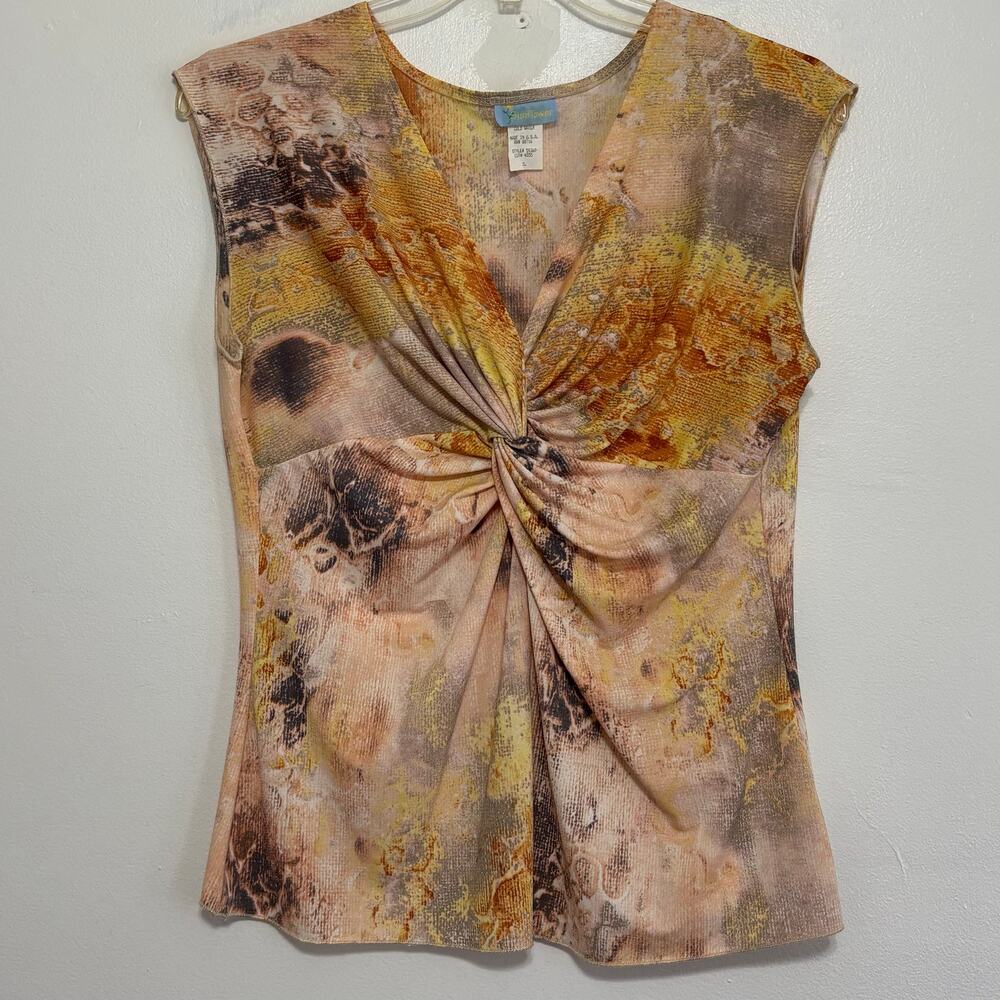Sunflower Earth Tone Abstract Twist Front Cap Sleeve Top XL